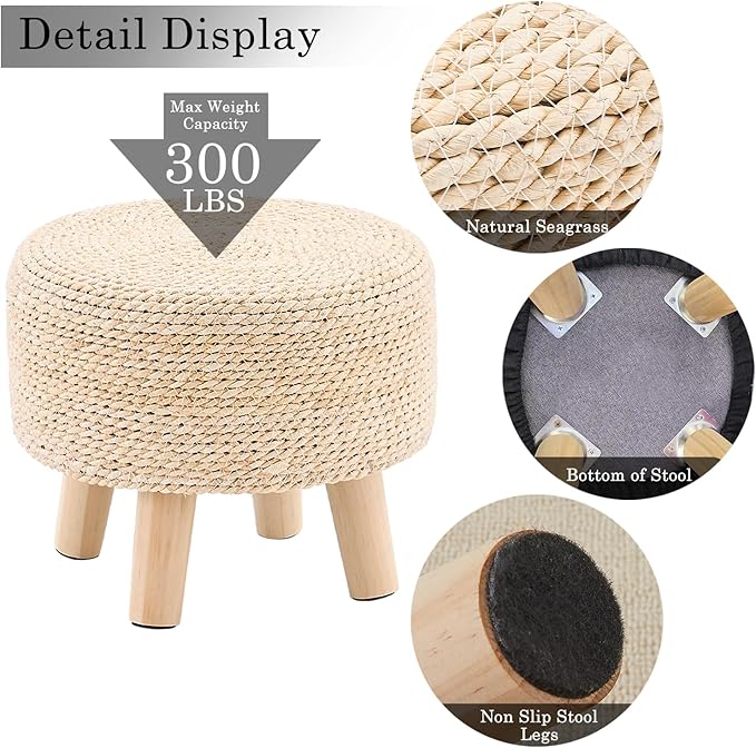 Cpintltr Ottoman Natural Seagrass Footrest Poufs Hand Weave Round Foot Stool for Couch Desk Soft Step Stool Padded Foot Rest with Pine Legs for Living Room Bedroom (Natural White)