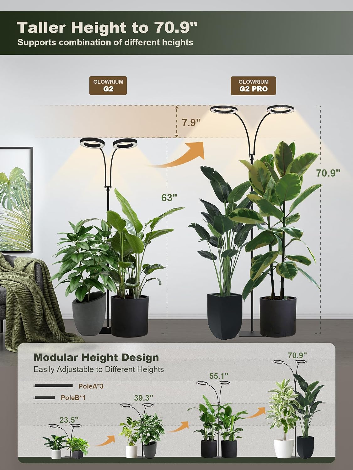 Tall Plant Grow Light for Indoor Plants, Full Spectrum Plant Light | 48W LED Grow Lamp with Dual Heads, 23.5-71" Adjustable Height, 3/9/12/16H Timer, 6-Level Dimming for Large Houseplants