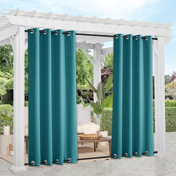 NICETOWN Blackout Top & Bottom Grommet Outdoor Curtains for Patio Waterproof Set of 2, Wind-Break Thermal Outdoor Drapes Cold & Heat Block Keep Privacy for Pergola, Peacock Teal, W52 x L84