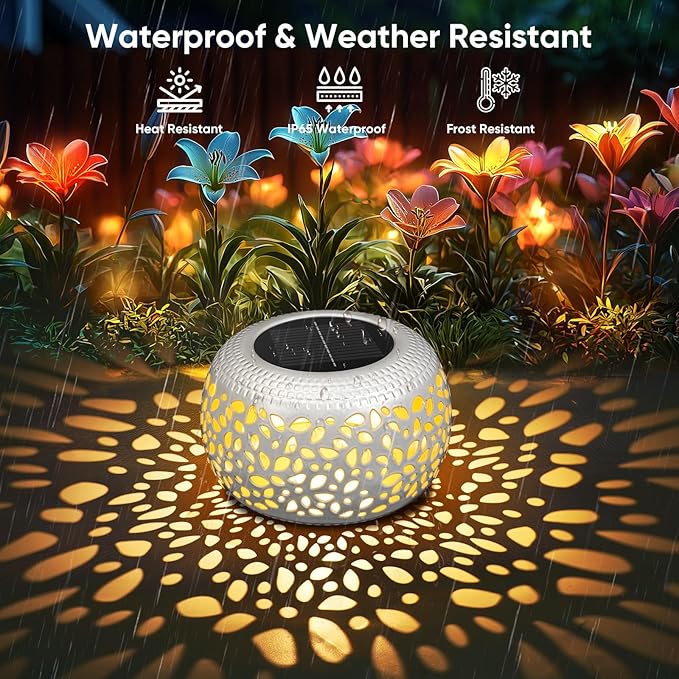 Solar Lanterns Outdoor Waterproof: 2 Pack White Hollow Out Metal Solar Lights - 2 Lighting Colors Outside Garden Yard Porch Indoor Tabletop Retro Decorations - Unique Gifts for Women Mom Wife