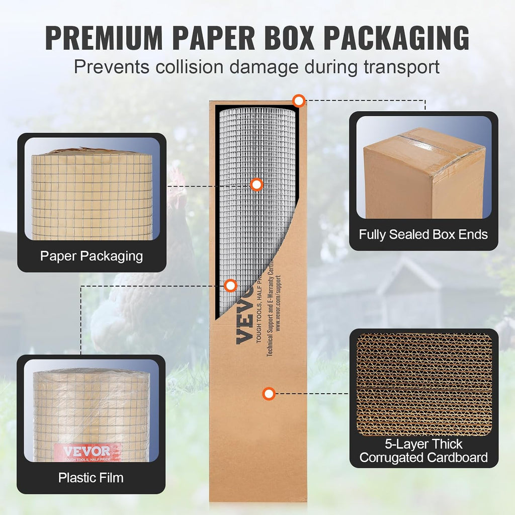 VEVOR Hardware Cloth, 1/2 inch 36in x 50 ft 19 Gauge, Hot Dipped Galvanized Wire Mesh Roll, Chicken Wire Fencing, Wire Mesh for Rabbit Cages, Garden, Small Rodents