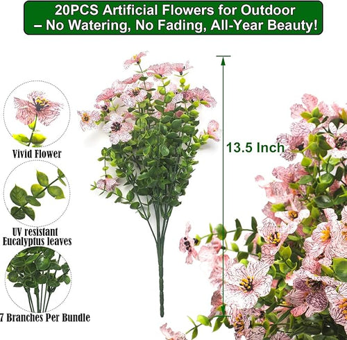 20 Bundles Artificial Flowers for Outdoors, UV Resistant Fake Plants Flowers Greenery Shrubs Plants for Decoration Outside Plants Hanging Planter Home Garden Decor (Pink)