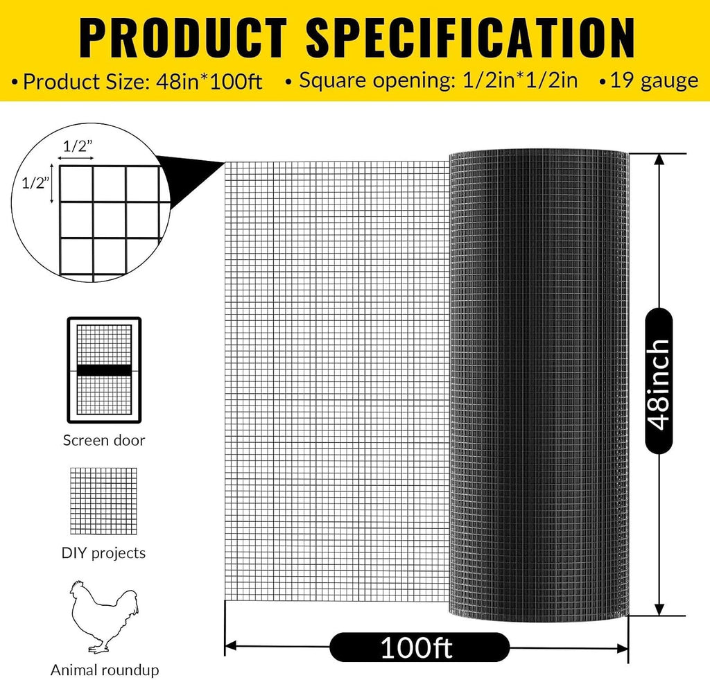 Hardware Cloth 1/2 inch 48 x 100 ft Heavy Duty Black Chicken Wire Fencing 19 Gauge Vinyl Coated Welded Wire Mesh Roll PVC Hardware Cloth Chicken Wire Fencing Garden Fence Tree Guard