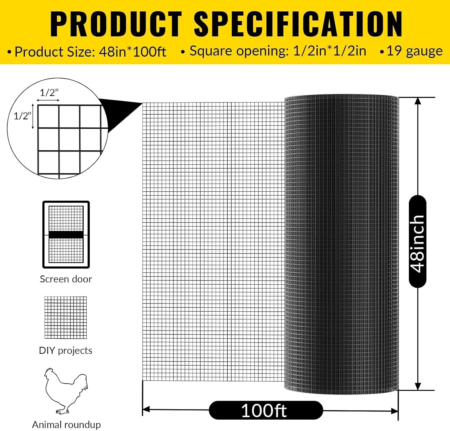 Hardware Cloth 1/2 inch 48 x 100 ft Heavy Duty Black Chicken Wire Fencing 19 Gauge Vinyl Coated Welded Wire Mesh Roll PVC Hardware Cloth Chicken Wire Fencing Garden Fence Tree Guard
