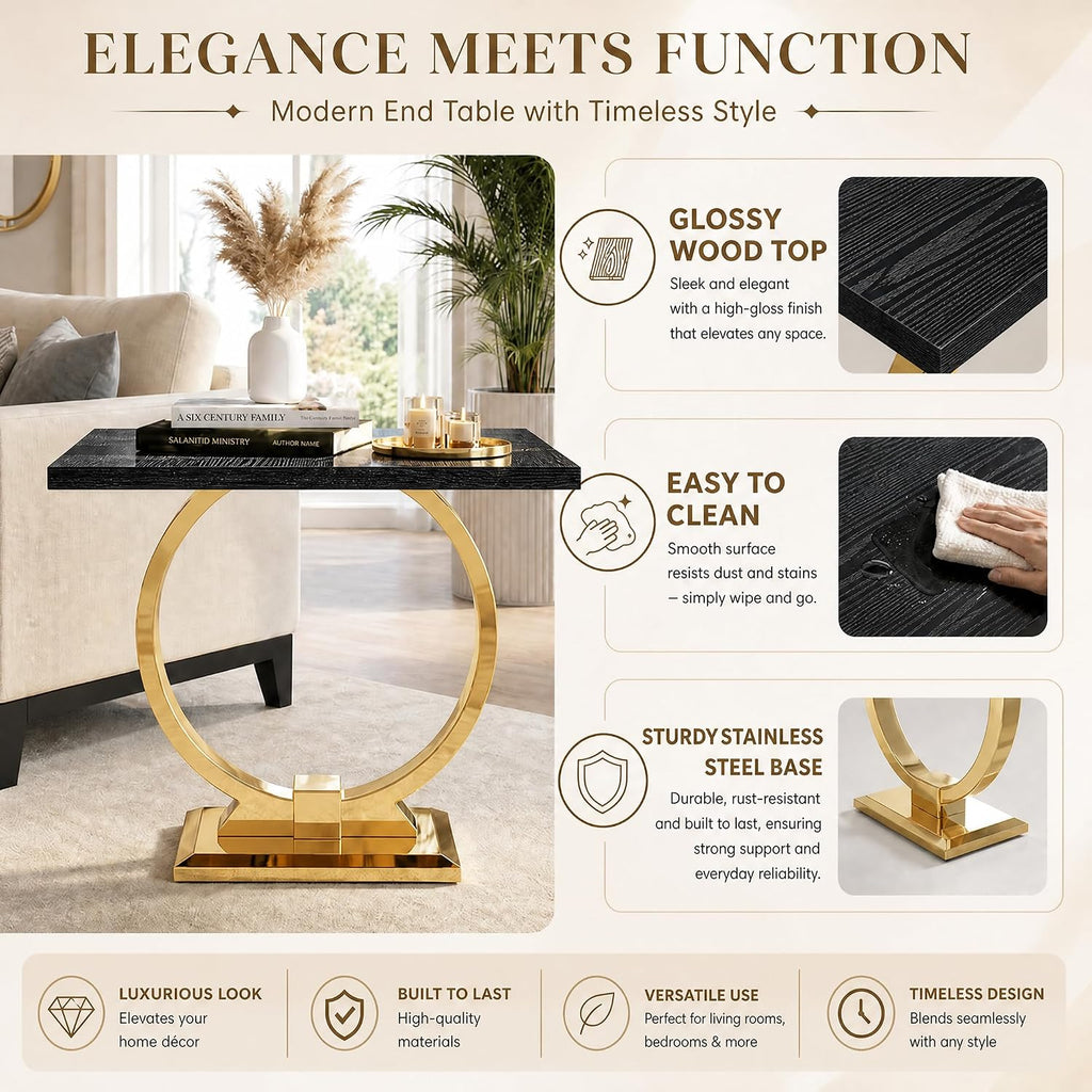 Asday 23” Black and Gold End Table, Modern Square Wood Side Table with Polihsed Metal U-Base for Living Room Bedroom Office, Small Places, Apartment