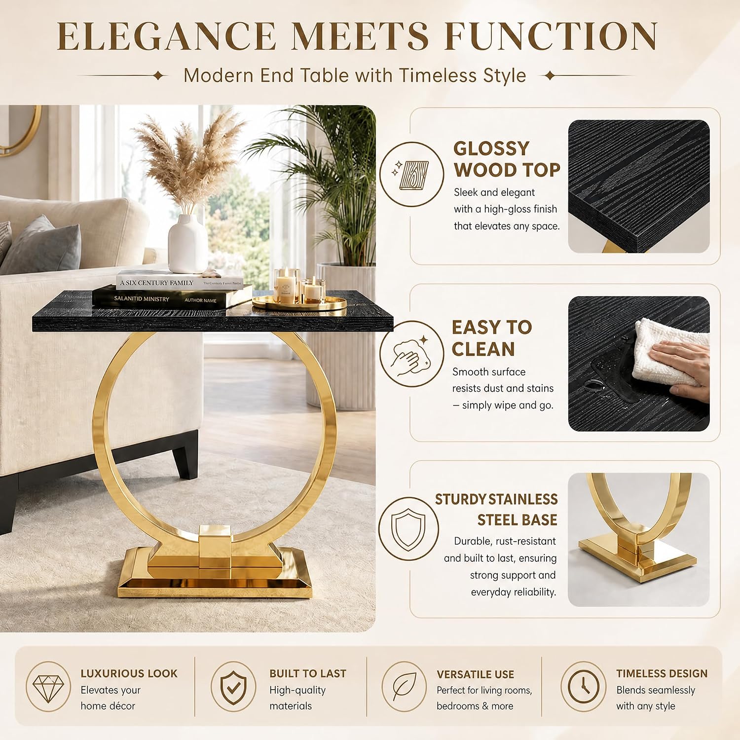 Asday 23” Black and Gold End Table, Modern Square Wood Side Table with Polihsed Metal U-Base for Living Room Bedroom Office, Small Places, Apartment
