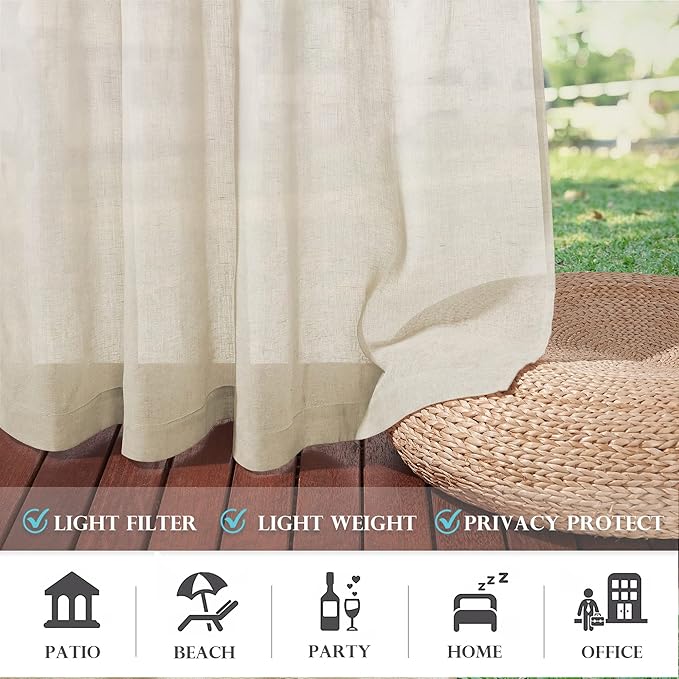 RYB HOME Outdoor Indoor Farmhouse Linen Sheer Curtains - Rustic Semi Sheer Privacy Drapes with Curtain Ropes for Patio Gazebo, 52 inch Wide x 108 inch Long, 2 Panels, Beige