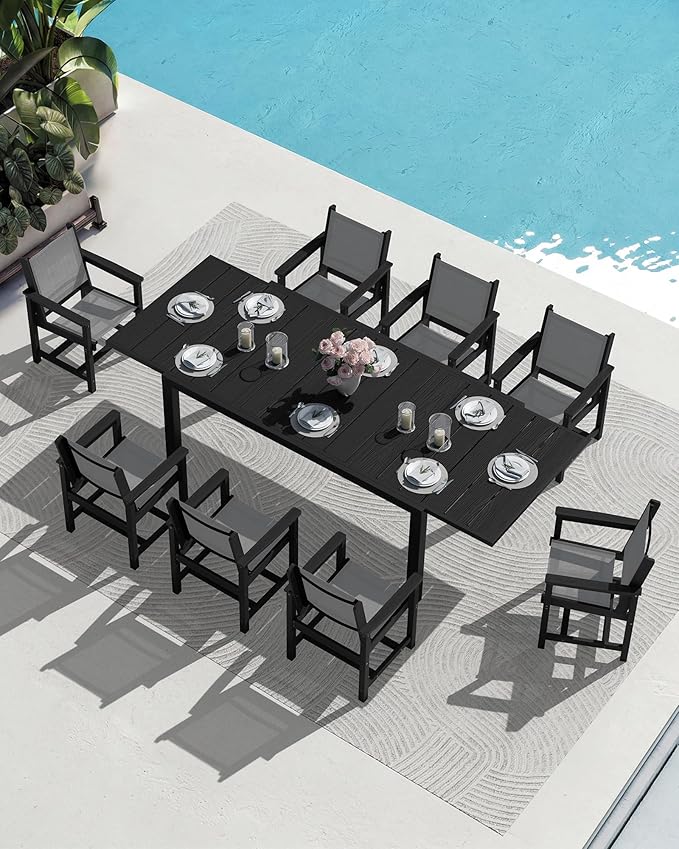 SERWALL 9-Piece Outdoor Dining Set, 60" - 83" Expandable Patio Dining Table with 6 Breathable Textilene Chairs, All Weather HDPE Patio Furniture Set for Backyard, Garden, Black