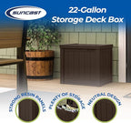 Suncast Small Outdoor Storage Box - 22 Gallon Java Resin Outdoor Deck Box, Flat-Lid Bench Seating, Patio Storage Bin Container for Organizing Tools, Cushions for Porch, Deck, Pool, & Garden