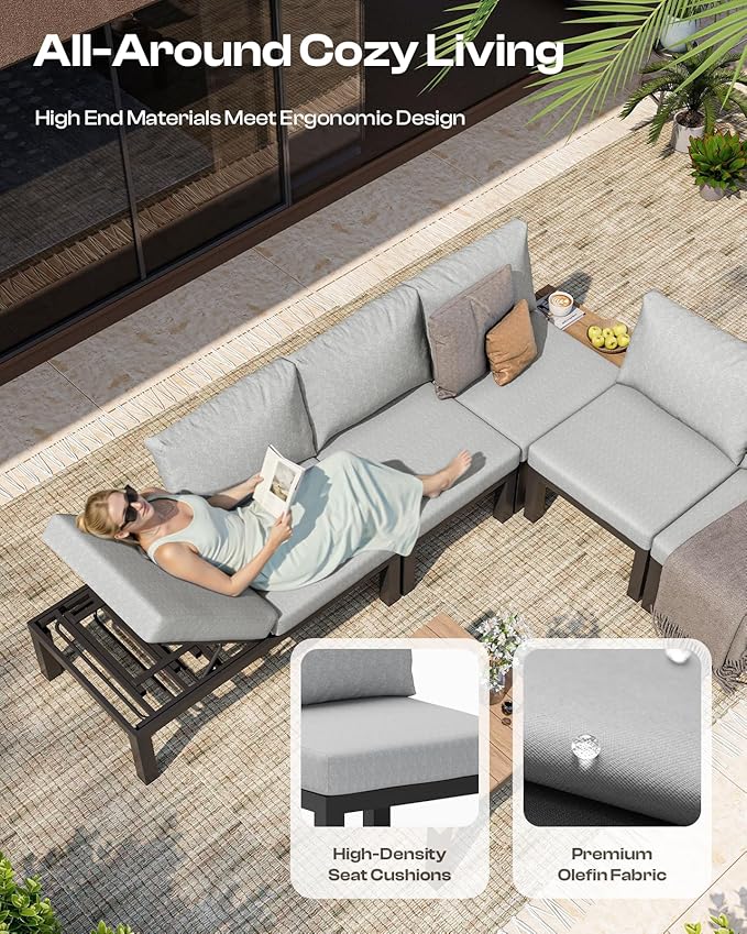 Aluminum Outdoor Patio Sofa Set, 2 Seats Modular Sectional Reclining Loveseat Sofa with Adjustable Backrest & Removable Cushions, All-Weather Conversation Sets for Garden & Yard, Gray