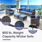 Belord Wicker Patio Furniture 5 Piece Outdoor Sofa Set, Oversize Outdoor Swivel Rocker Chairs with Rattan Ottomans, Conversation Sets Patio Furniture Come with Removable Cushion Blue, Anti-Rust Frame
