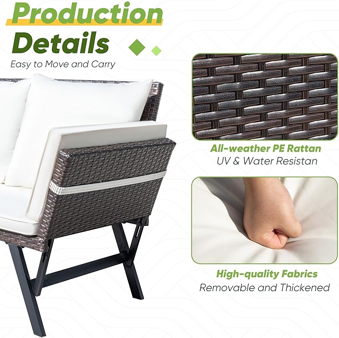 Greesum Outdoor Sofa, Woven Rattan Patio Furniture, Convertible Daybed or Double Chair with Adjustable Armrests, Cushions and Pillows for Yard, Porch, Pool, Brown Lounger & Beige Pillowcase