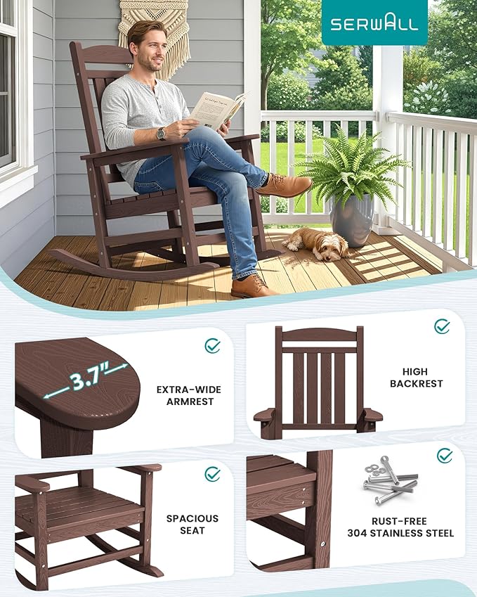 SERWALL HDPE Outdoor Rocking Chair Set of 2, Oversized Patio Rocking Chairs, All-Weather Porch Rockers for Adults, Coffee