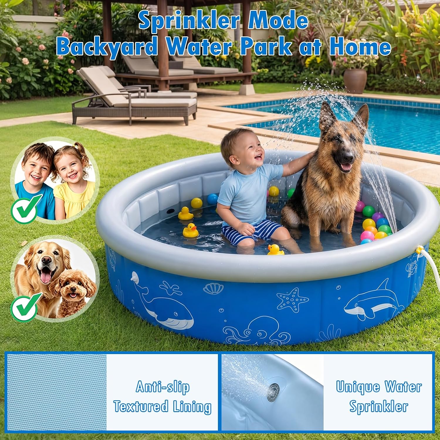 Kiddie Baby Pool with Canopy Sprinkler, 47in Foldable Toddler Pool | Anti-Slip Baby Swimming Pool with Shade, Portable Small Pool & Ball Pit for Kids Age 1-6, Backyard Outdoor Water Play Toy