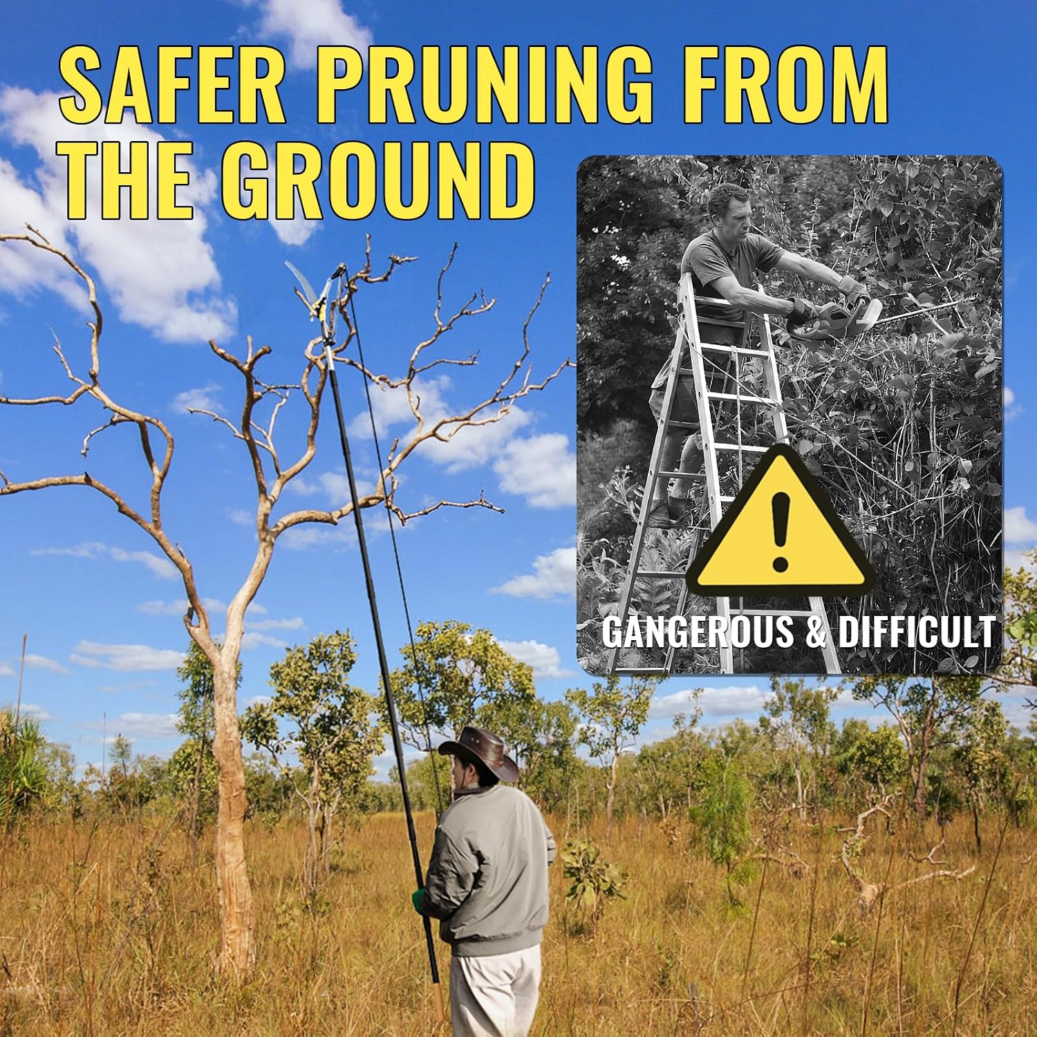 14.5FT Pole Saw for Tree Trimming, 2-In-1 Manual Tree Pruner with Saw, Extendable Long Handle Pole Tree Trimmer, High Reach Limbs Branch Cutter and Pruning Shears for Yard Garden Palm Shrubs