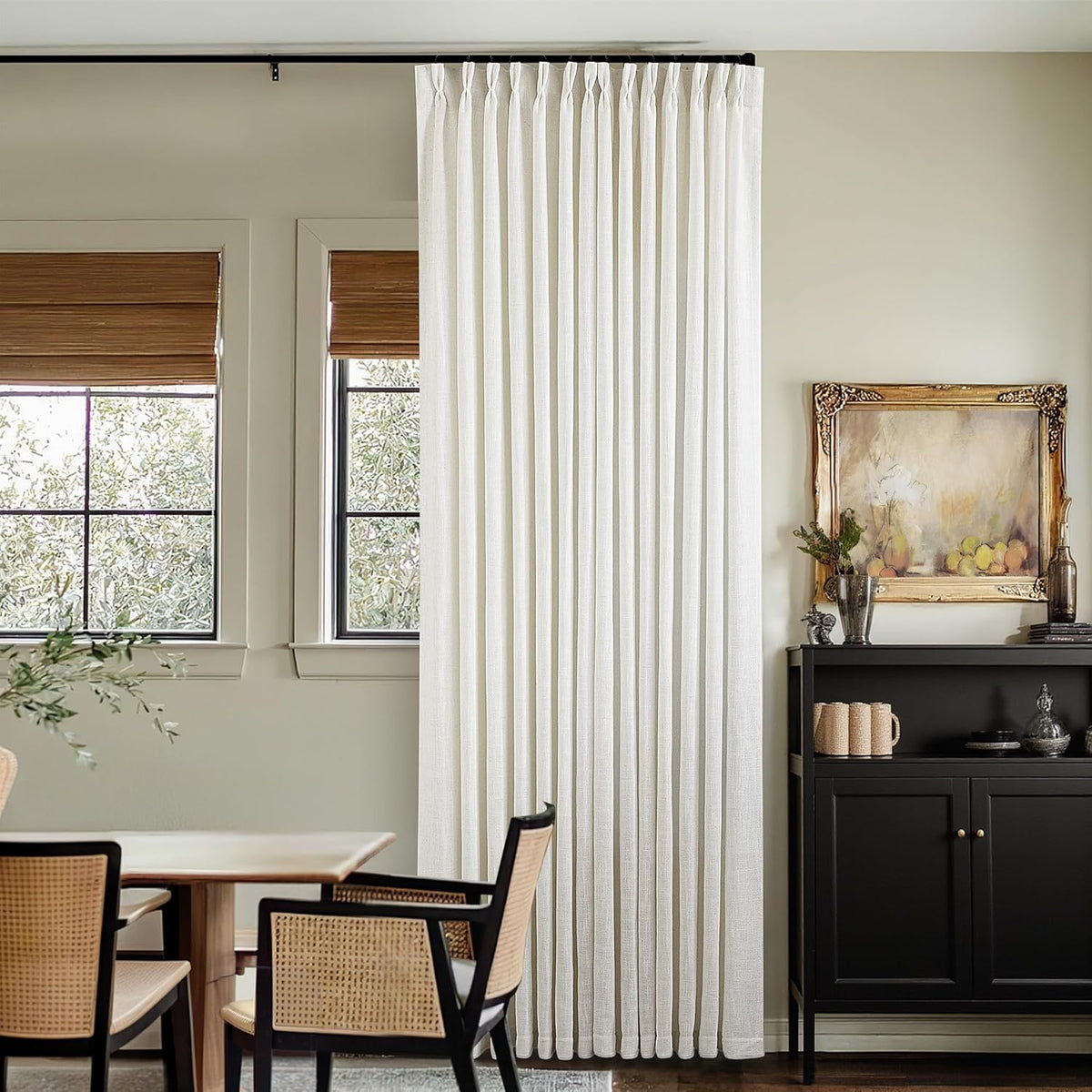 twodrapes natural pinch pleated linen curtains 96 inches on a desk or shelf