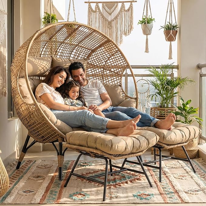 NICESOUL Indoor Outdoor Double Egg Chair with Footstools & 6.5" Thick Cushions, Oversized Wicker Egg Shaped Chair with Footrest, Stationary 2 Seater Comfy Loveseat for Patio Backyard Garden Sunroom