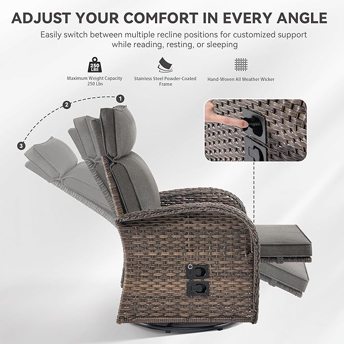 Zero Gravity Patio Swivel Rocking Recliner Chairs Set of 2 - Wicker Outdoor Lounge Chair with Adjustable Backrest & Footrest, All Weather Reclining Rocker Chairs with Thick Cushion for Pool Deck Grey