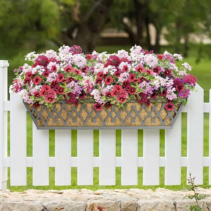 2 Pack 30 Inch Window Boxes Planters Railing Planter Box with Adjustable Brackets for Porch Fence Patio Balcony Hanging Flower Baskets with Coco Liners for Outdoor Garden Decor - Dark Grey