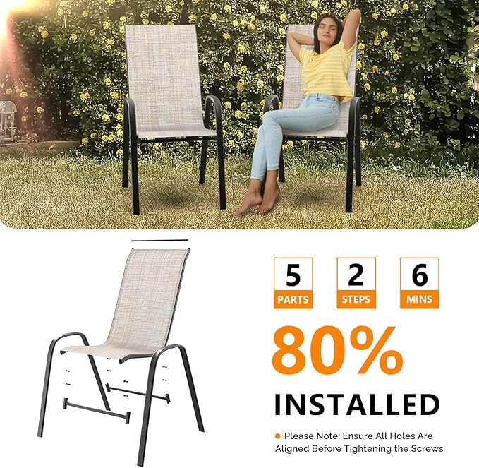 VINGLI Patio Chairs Set of 2 – Stackable Outdoor Dining Chairs with Comfortable Sling High Back Chairs and Armrests for Lawn, Poolside, Courtyard, Balcony, Garden, Yellow