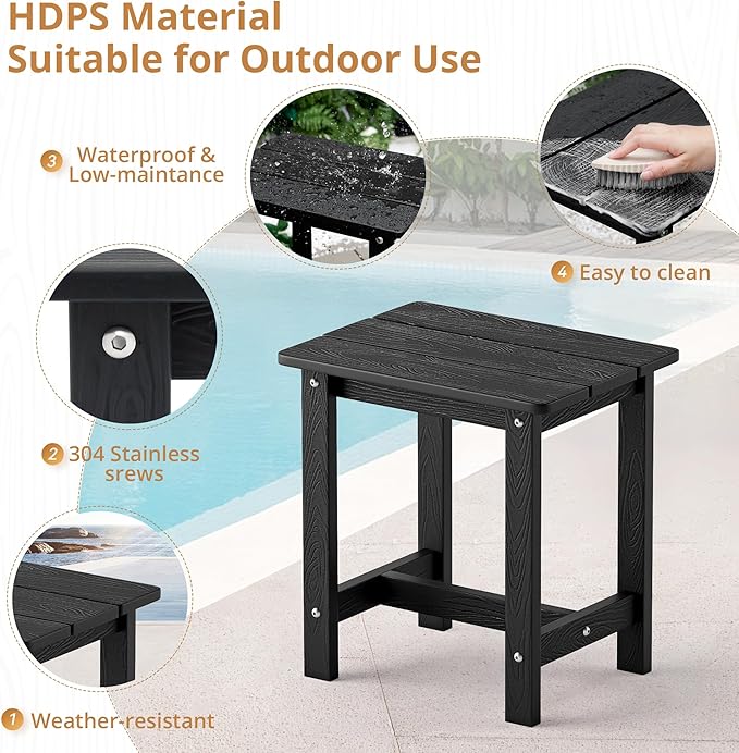 LUE BONA Outdoor Side Table Set of 2, HDPS Small Outdoor Table, Adirondack Side Table, Outside End Table for Patio, Porch, Deck, Pool, Weather Resistant/Easy Maintenance/Indoor or Outside Use, Black