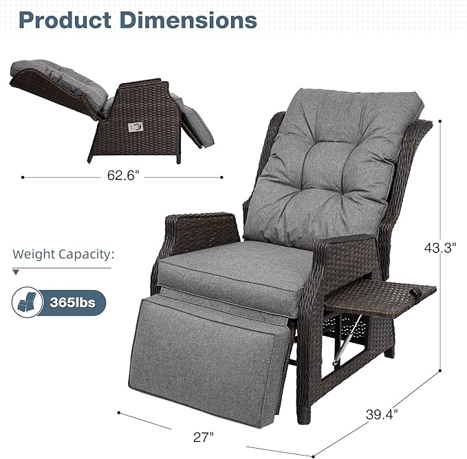 Outdoor Indoor Wicker Recliner with Adjustable Back and Footrest, Patio Reclining Chair with Flip-up Table, Outdoor Rattan Lounge Chair, Grey