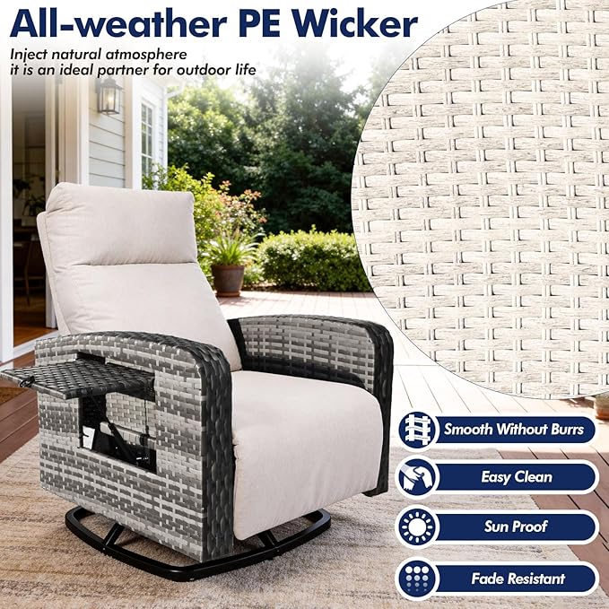 Outdoor Recliner Chair Set of 2, Wicker Patio Recliners with Adjustable Backrest and Extended Foot Rest, Reclining Patio Chairs with Flip Table & Removable Cushion Cover for Porch