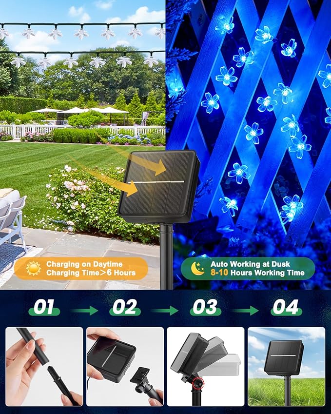 Brightown 60 LED Solar Flower String Lights for Outside Waterproof Fairy Lights for Garden Yard Fence Patio Christmas Tree Wedding Party Decor, Blue