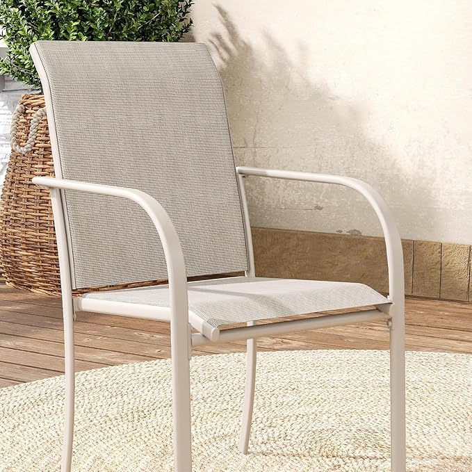 VICLLAX Large Patio Dining Furniture Set, Outdoor Dining Set for 10-60" Round Outdoor Table and Patio Stackable Chairs, Sandshell Color Tabletop and Fabric