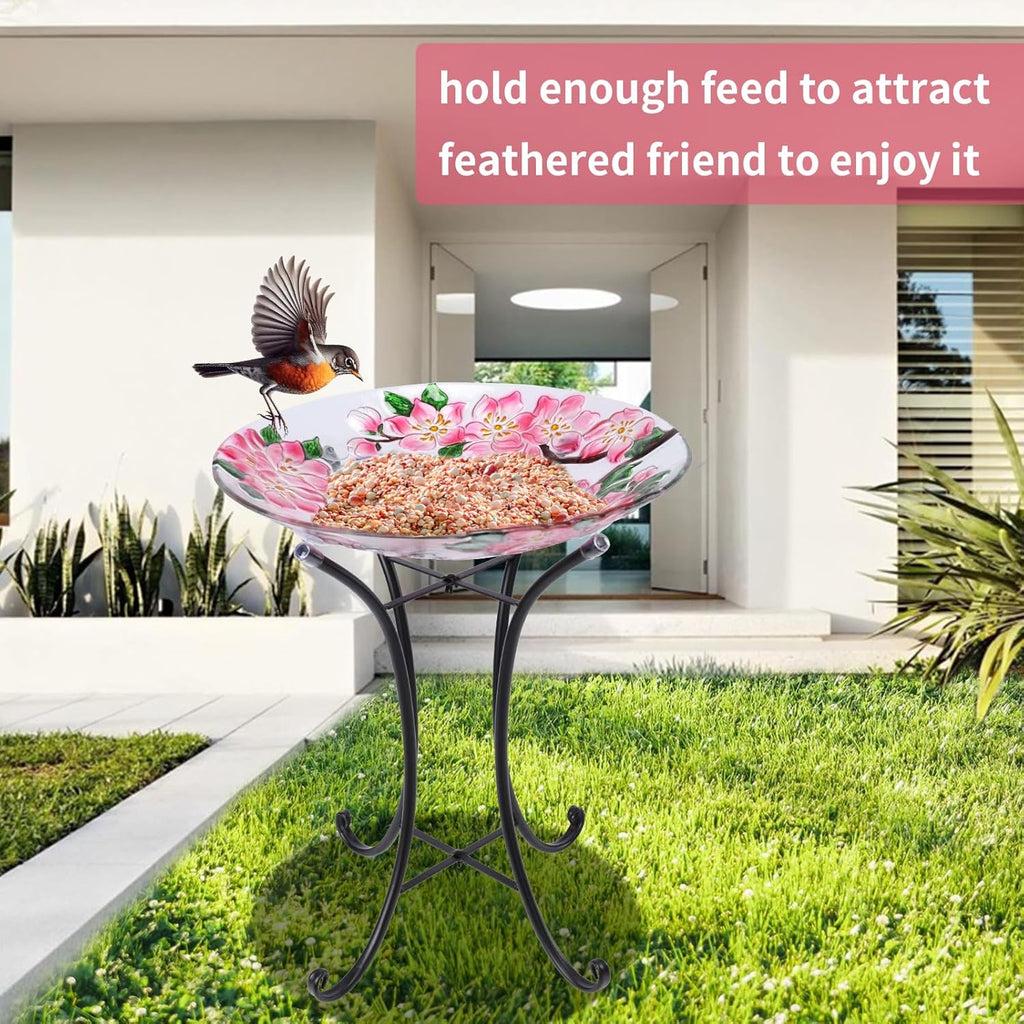 VCUTEKA Outdoor Bird Bath, Glass BirdBath with Metal Stand for Garden Decor | 18" D 22" H Bird Baths for Outdoors, Glass Cardinal Large Bird Bath for Garden, Bird Lovers, Yards, Patio, Decor