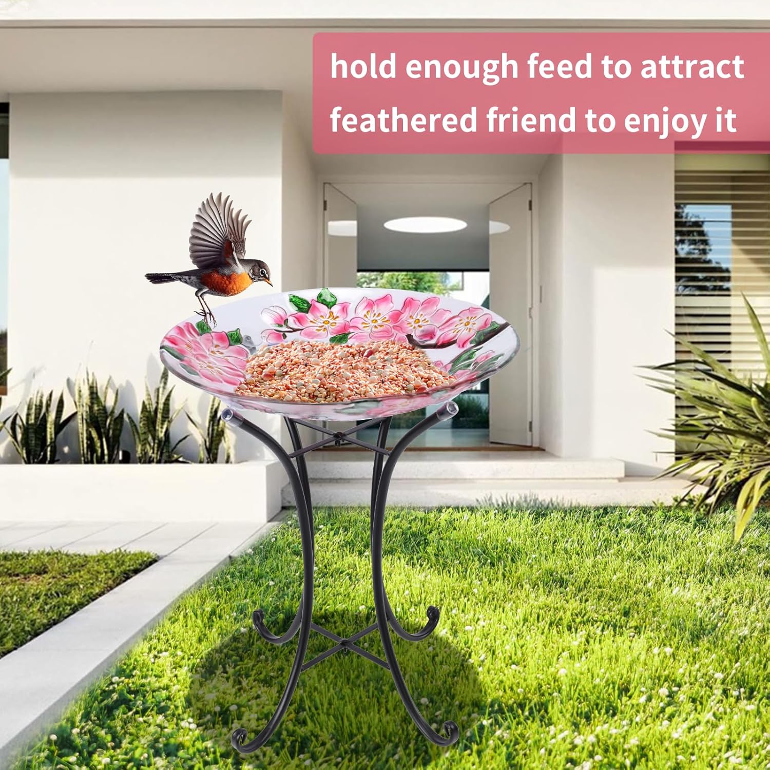 VCUTEKA Outdoor Bird Bath, Glass BirdBath with Metal Stand for Garden Decor | 18" D 22" H Bird Baths for Outdoors, Glass Cardinal Large Bird Bath for Garden, Bird Lovers, Yards, Patio, Decor