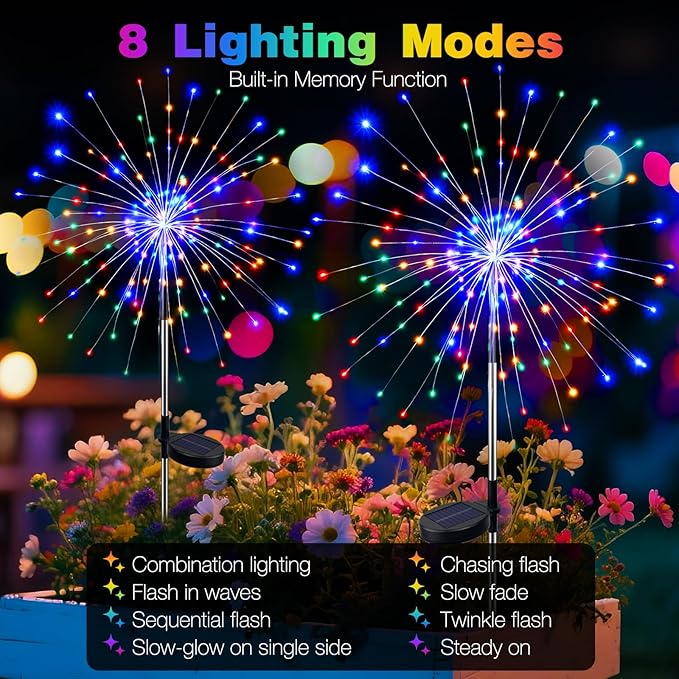 btfarm 4 Pack 120 LED Solar Garden Lights Outdoor, 8 Modes Firework Lights Solar Powered, Waterproof Twinkle Fairy Light Outside for Yard Patio Pathway Pool Christmas Party Decorative, Multicolor