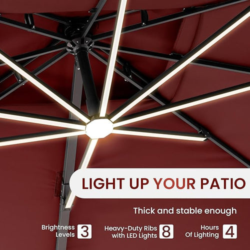 10 X 13 FT Cantilever Patio Umbrella with LED Lights Outdoor Heavy Duty Double Top Windproof Rectangle Offset Umbrellas with 360-degree Rotation for Pool Deck Backyard, Wine Red