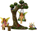 Fairies for Fairy Garden - 4 Piece Set with Tree Swing | Hand-painted resin; includes a puppy; indoor and outdoor use; miniature village ornaments and decor