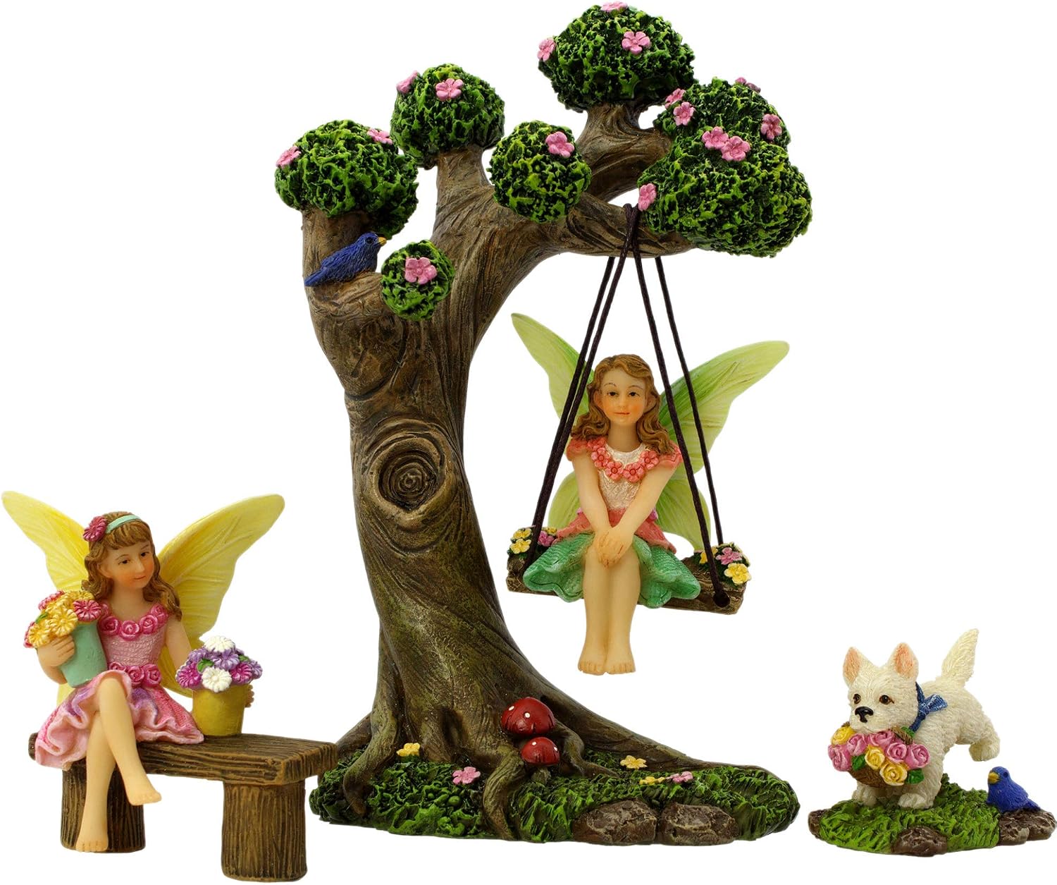 Fairies for Fairy Garden - 4 Piece Set with Tree Swing | Hand-painted resin; includes a puppy; indoor and outdoor use; miniature village ornaments and decor