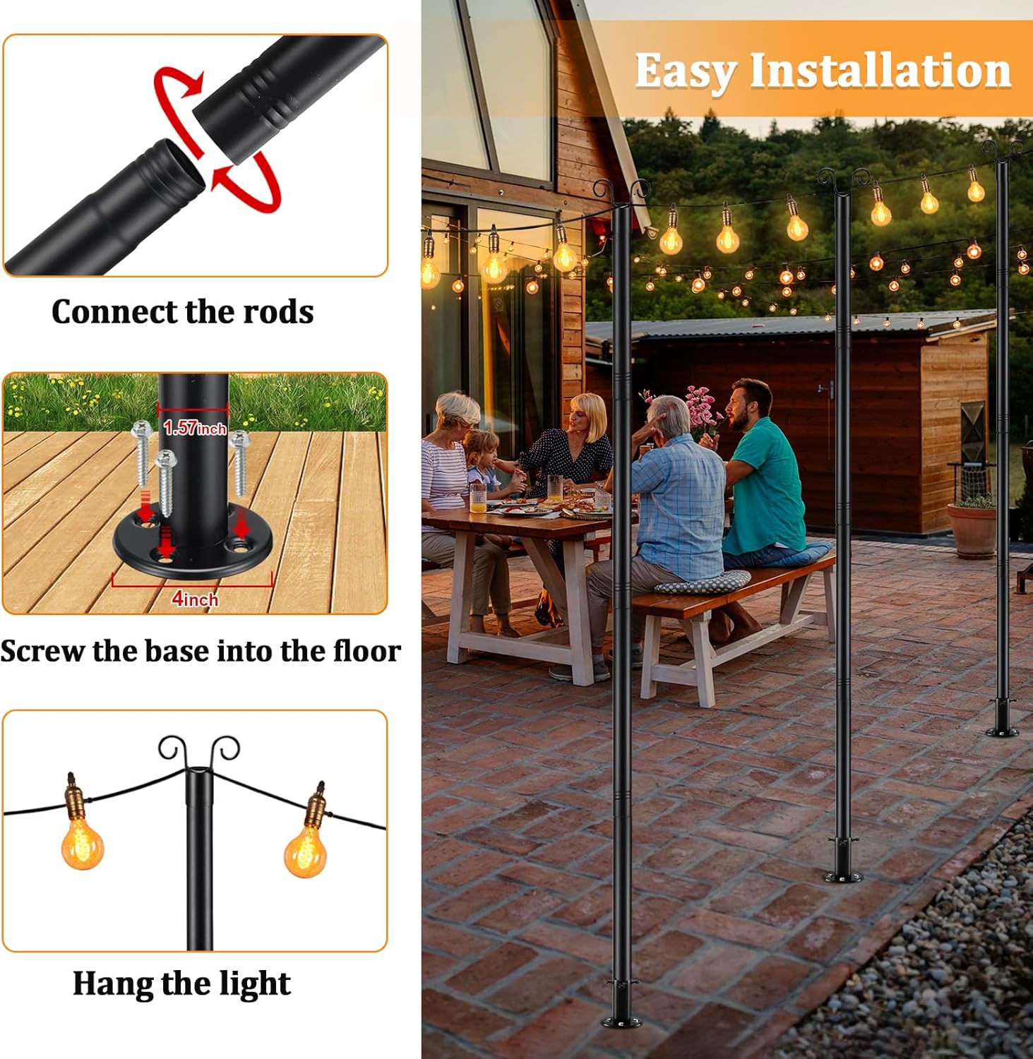 8FT Heavy Duty String Light Poles for Ground (2Pack) | Adjustable Metal Poles for Outdoor String Light Hanging with Flange Base, Backyard, Garden, Patio, for Party