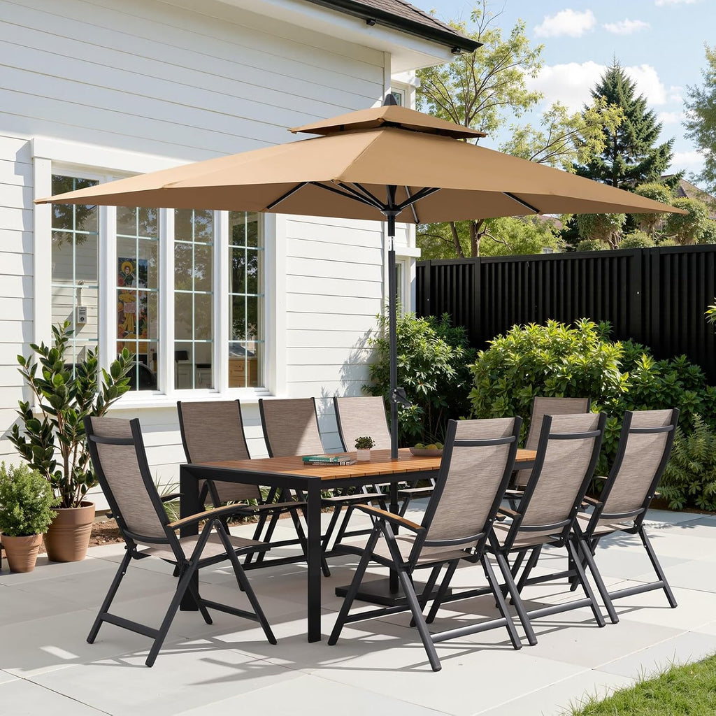 Folding Patio Chairs Set of 2, Outdoor Recliner Chairs | 8-Level Adjustable Reclining Back with Teak Armrest Aluminium Frame for Porch, Backyard, Brown DC071