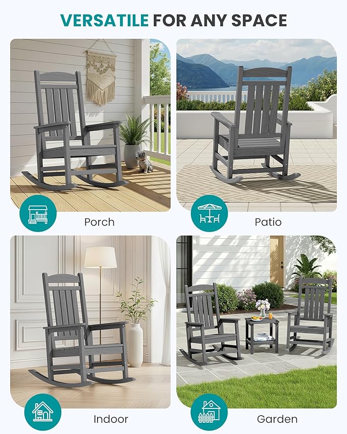SERWALL Outdoor Rocking Chair, HDPE Patio Rocking Chair All-Weather Porch Rocker for Balcony, Yard, Dark Gray