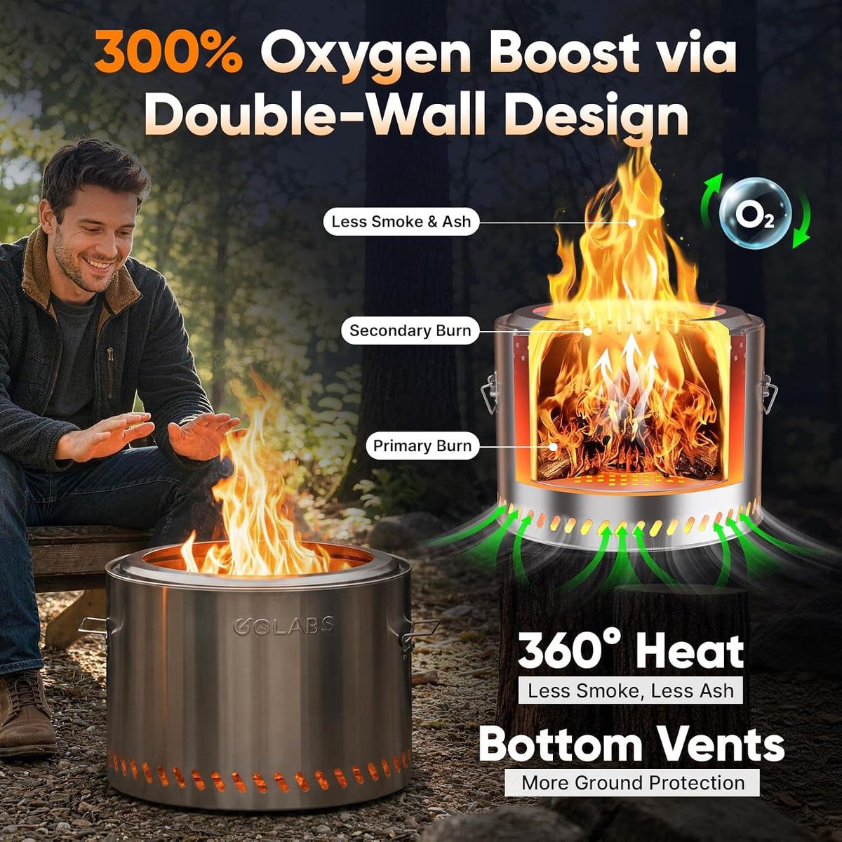 golabs fp1 smokeless portable fire pit, 19.5" stainless showing dimensions