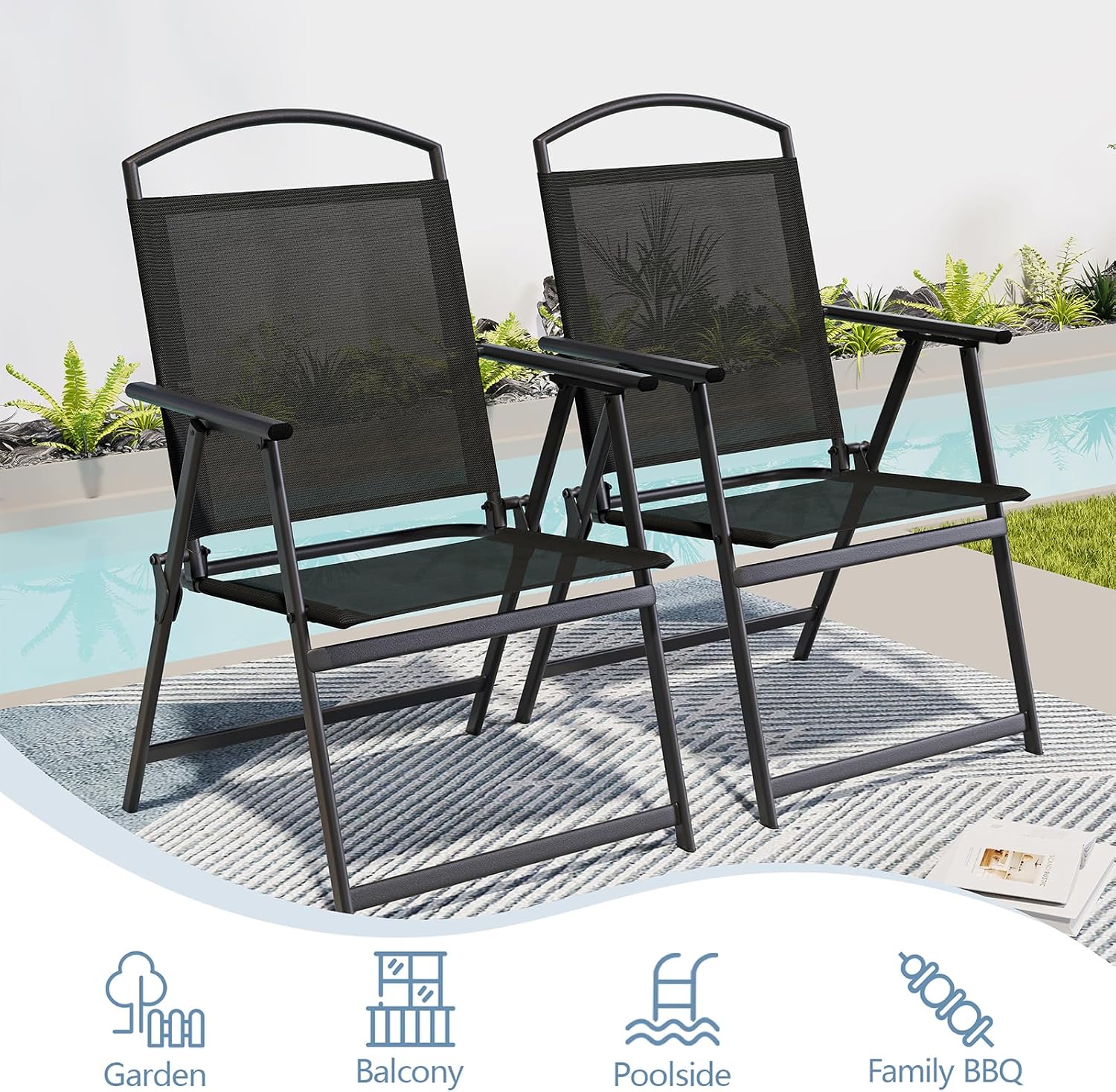 Outdoor Patio Chairs Set of 2, Folding Lawn Chairs, Black | Foldable Lightweight Dining Chairs with Armrests & Back Support, Breathable Textilene & Metal Frame for Deck, Lawn, Camping