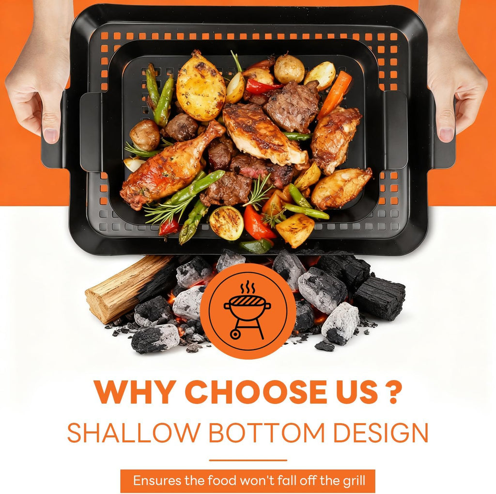 2PCS Grill pan: Grill topper for outdoor grill - Non-stick enamel coating grill topper suitable for camping, picnic, party