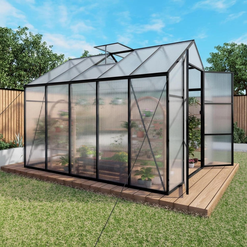 8x10 ft greenhouse, walk-in outdoor heavy duty polycarbonate shown in use