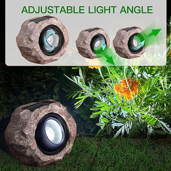4 Pack Solar Rock Lights Outdoor, Angle Adjustable Solar Lights Outdoor Waterproof, LED Solar Garden Lights, Auto On/Off Landscape Lighting for Yard Pathway Patio Flower Bed - White Glow (Stone Brown)