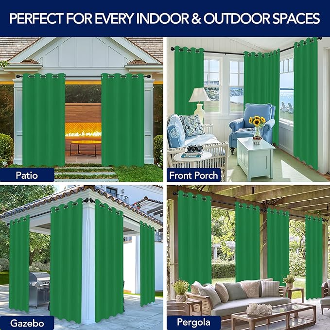PureFit Outdoor Curtains for Patio Waterproof Weatherproof, UV and Fade Resistant Outside Curtains for Gazebo, Front Porch, Pergola, Sun Blocking Privacy Curtain, 52W x 108L inch, 1 Panel, Green