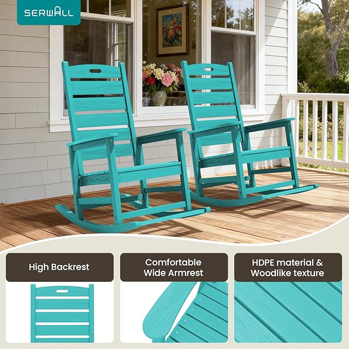 SERWALL Outdoor Rocking Chair Set of 4, Oversized HDPE Patio Rocking Chair with Footrest for Adults, All Weather Porch Rocker for Deck Patio Balcony, Aruba