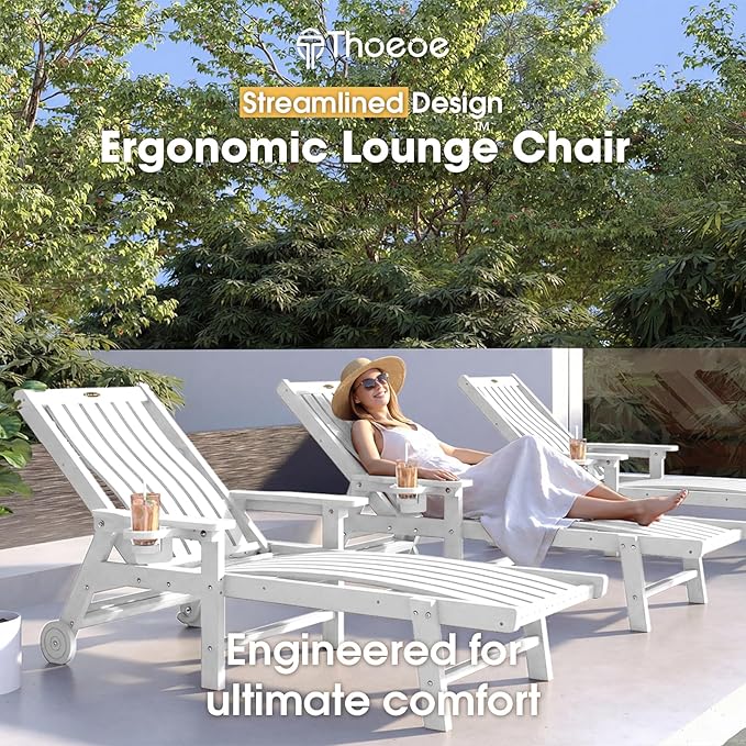 Patio Chaise Lounge Chair, Oversized Lounge Chair Outdoor with 5 Positions, HDPE, Patio Lounge Chair with Wheels & Cup Holder for Pool, Deck, Poolside,White