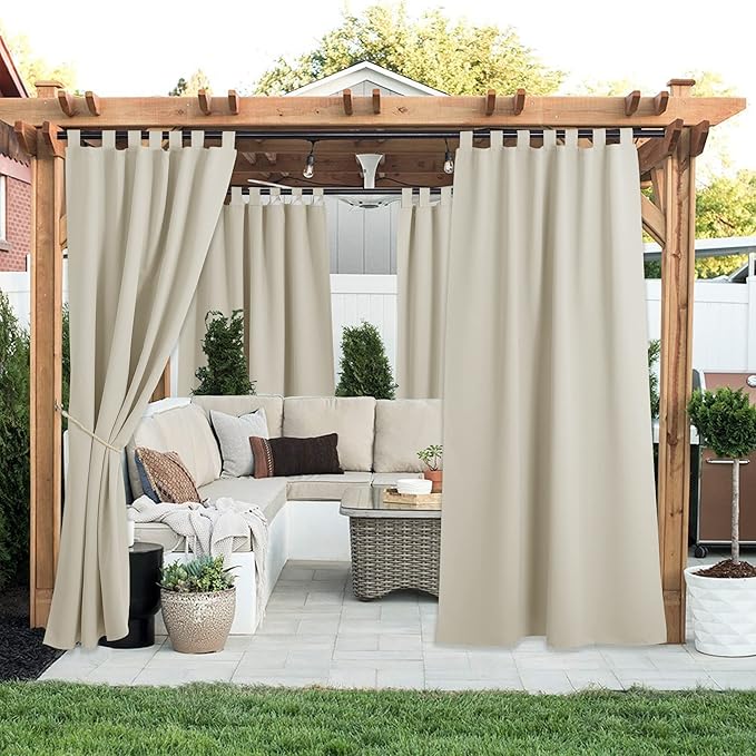 NICETOWN 2 Panels Outdoor Patio Curtainss Waterproof Room Darkening Drapes, Detachable Sticky Tab Top Thermal Insulated Privacy Outdoor Dividers for Canopy/Doorway, Beige, W52 x L84