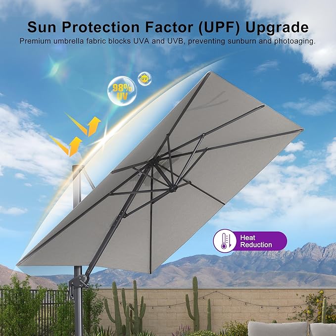 PURPLE LEAF 10 FT Outdoor Umbrella with Base Patio Cantilever Aluminum Umbrella with 3 Years Fade Resistance Recycled Fabric Offset Square with 360-degree Rotation for Deck Pool Garden, Pebble Grey