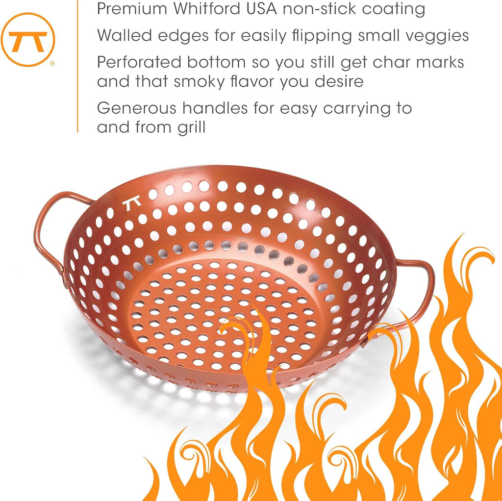 Outset Grill Wok With Holes, Copper Non-Stick, Round With Handles
