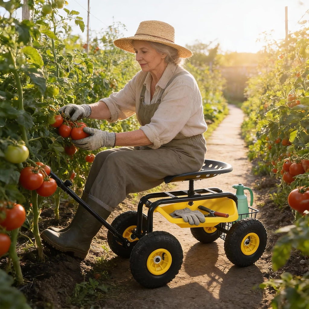 sekey garden cart rolling workseat, heavy duty garden shown in use